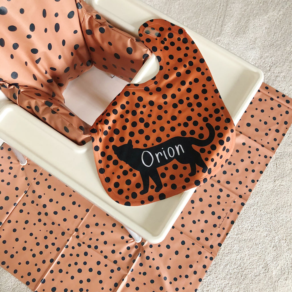 baby boy mustard spotty spalsh mat ikea highchair cover and personalised baby bib