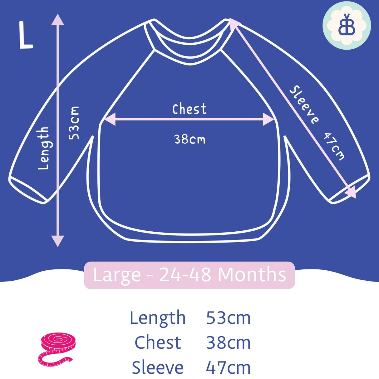 Measurement chart for a large children's bib with dimensions on a blue background