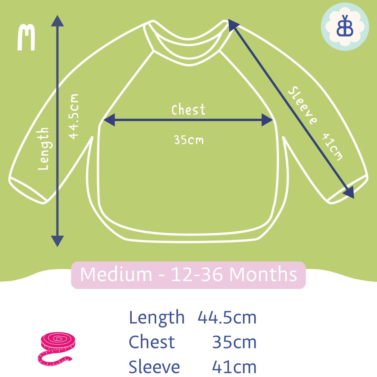 Measurement chart for a medium-sized child's bib on a green background