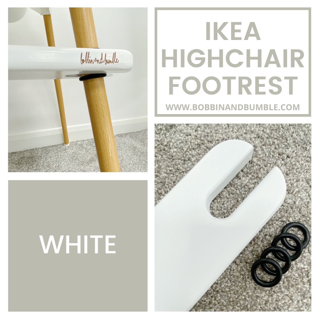 White wooden IKEA highchair footrest Bobbin and Bumble UK