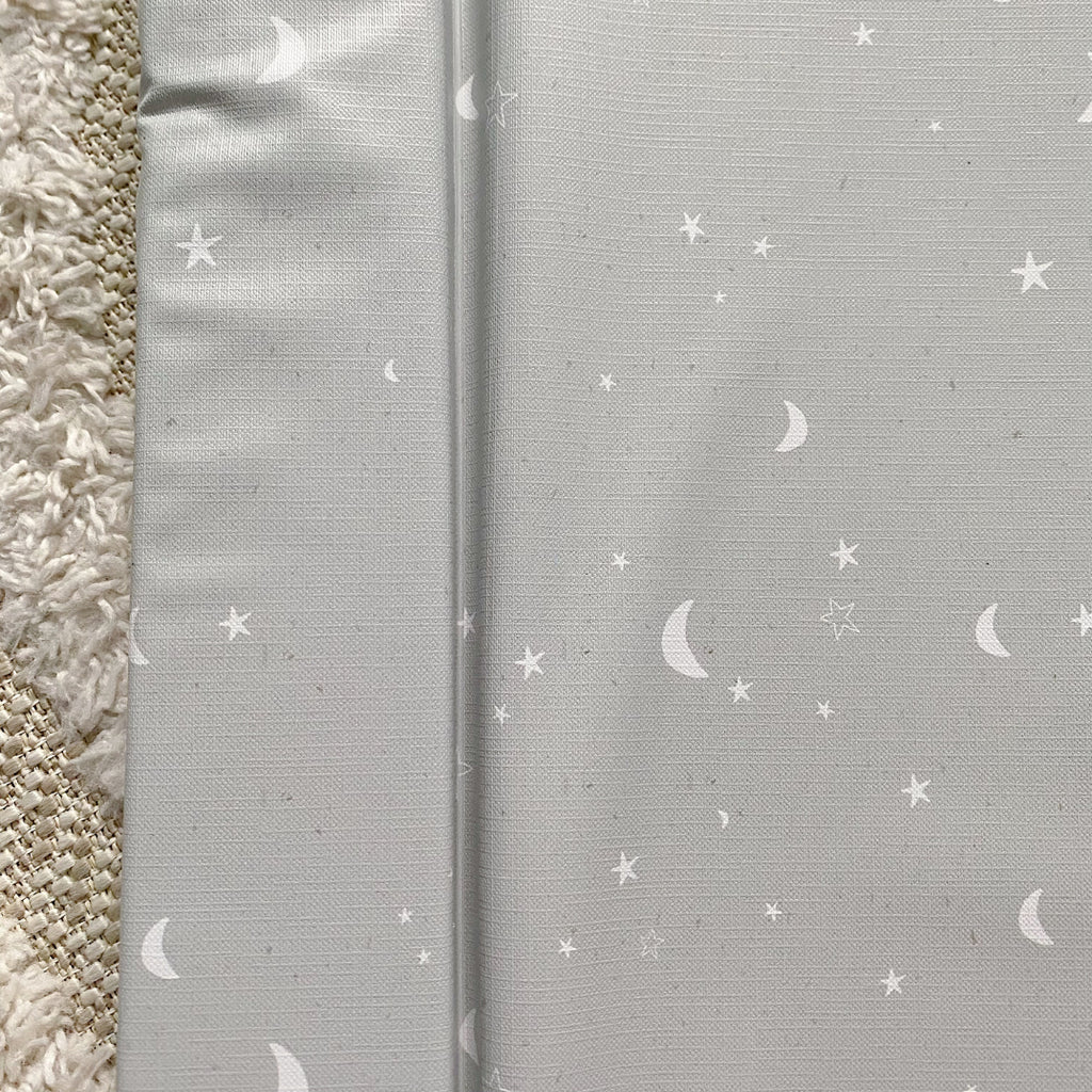 Deluxe Baby Changing Mat - Grey-green moon and stars Print | Bobbin and Bumble.