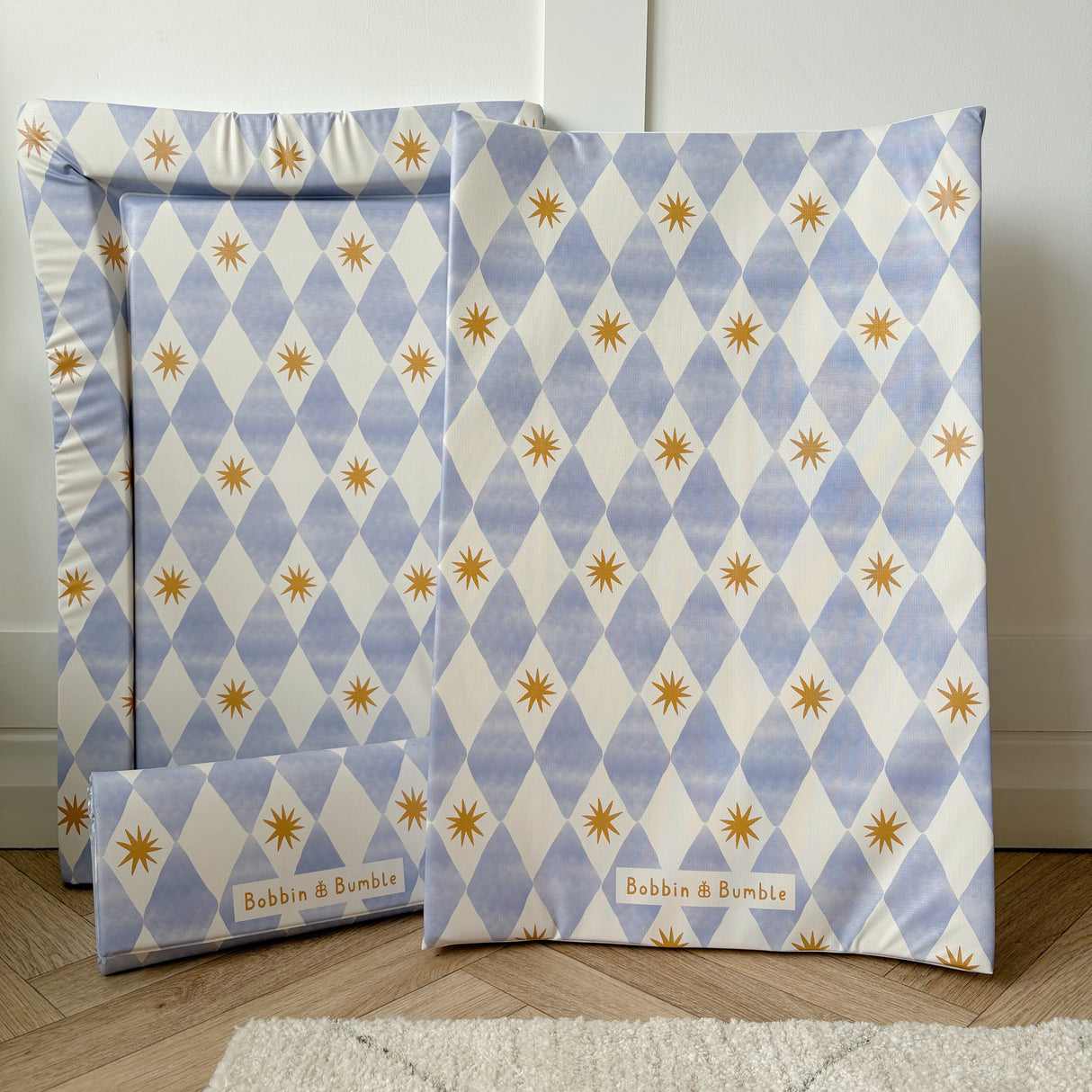 Set of 3 baby changing mats in blue harlequin print
