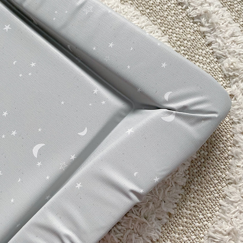Deluxe Baby Changing Mat - Grey-green moon and stars Print | Bobbin and Bumble.