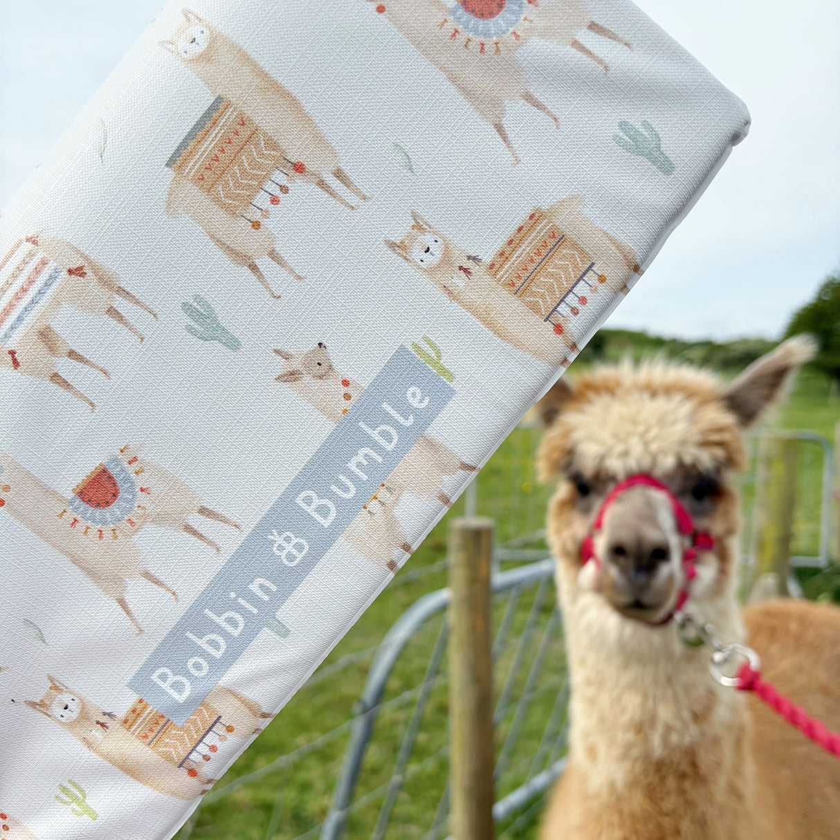 Alpaca design baby travel changing mat with an alpaca in the background
