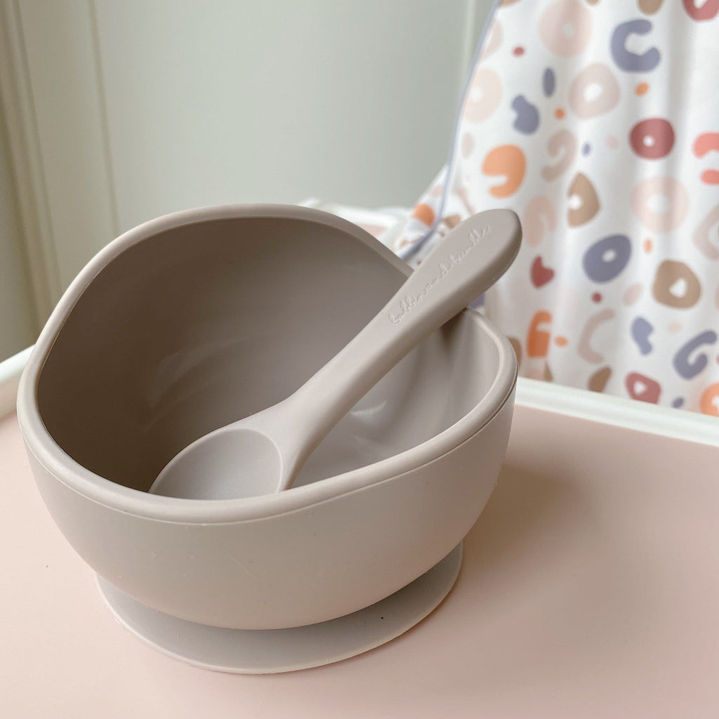 Taupe Silicone Suction Weaning Set | Bobbin and Bumble.