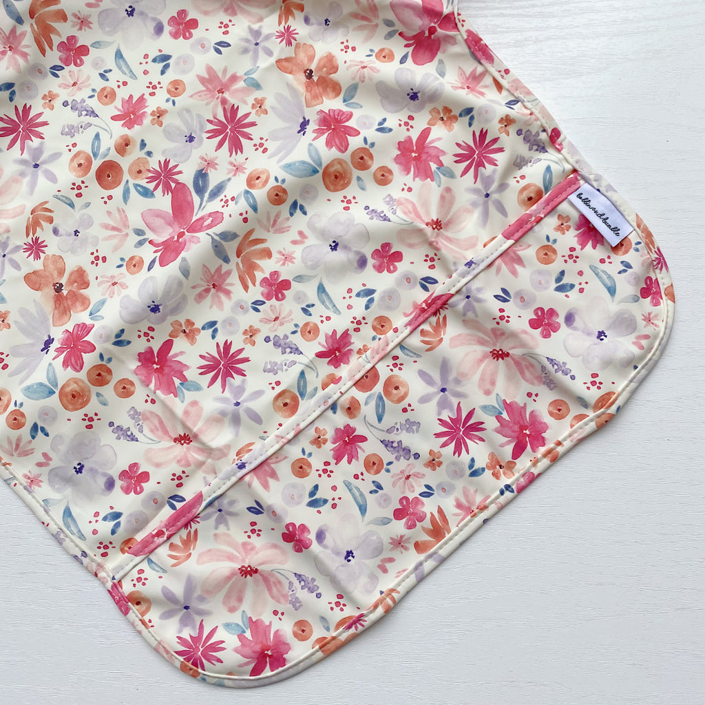Long Sleeved Baby Bib - Pink Floral Print | Bobbin and Bumble.