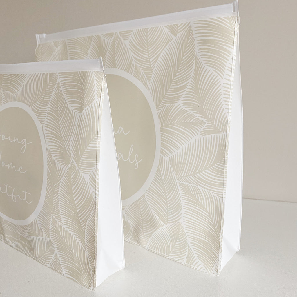 Unisex Zip Lock Hospital Organiser Bags - Beige Leaf Print | Bobbin and Bumble.
