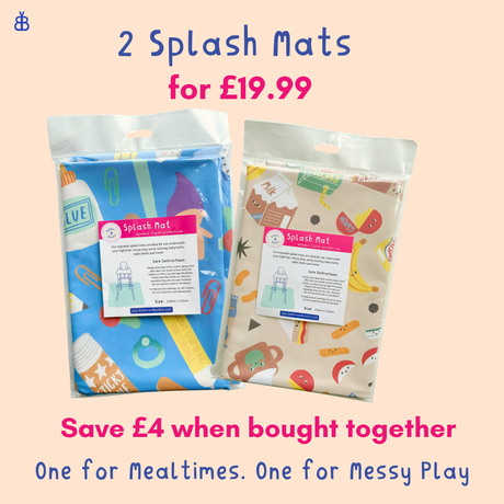Bundle of 2 splash mats. Child sat crafting and a picture of a splash mat underneath a highchair