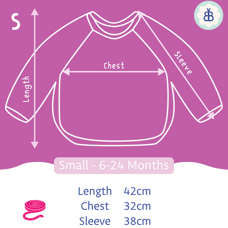 Measurement chart for a small child's long sleeved bib on a purple background