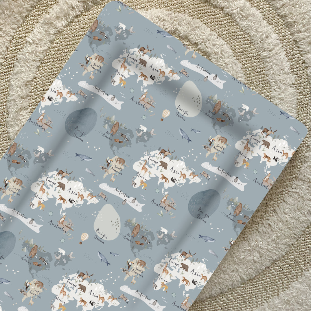Deluxe Baby Changing Mat - Blue One World Print | Bobbin and Bumble.