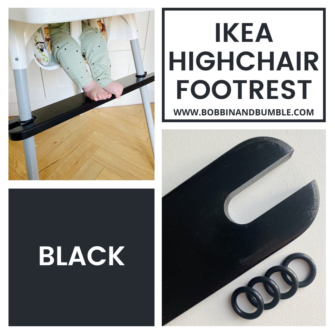 Black wooden IKEA highchair footrest, Bobbin and Bumble