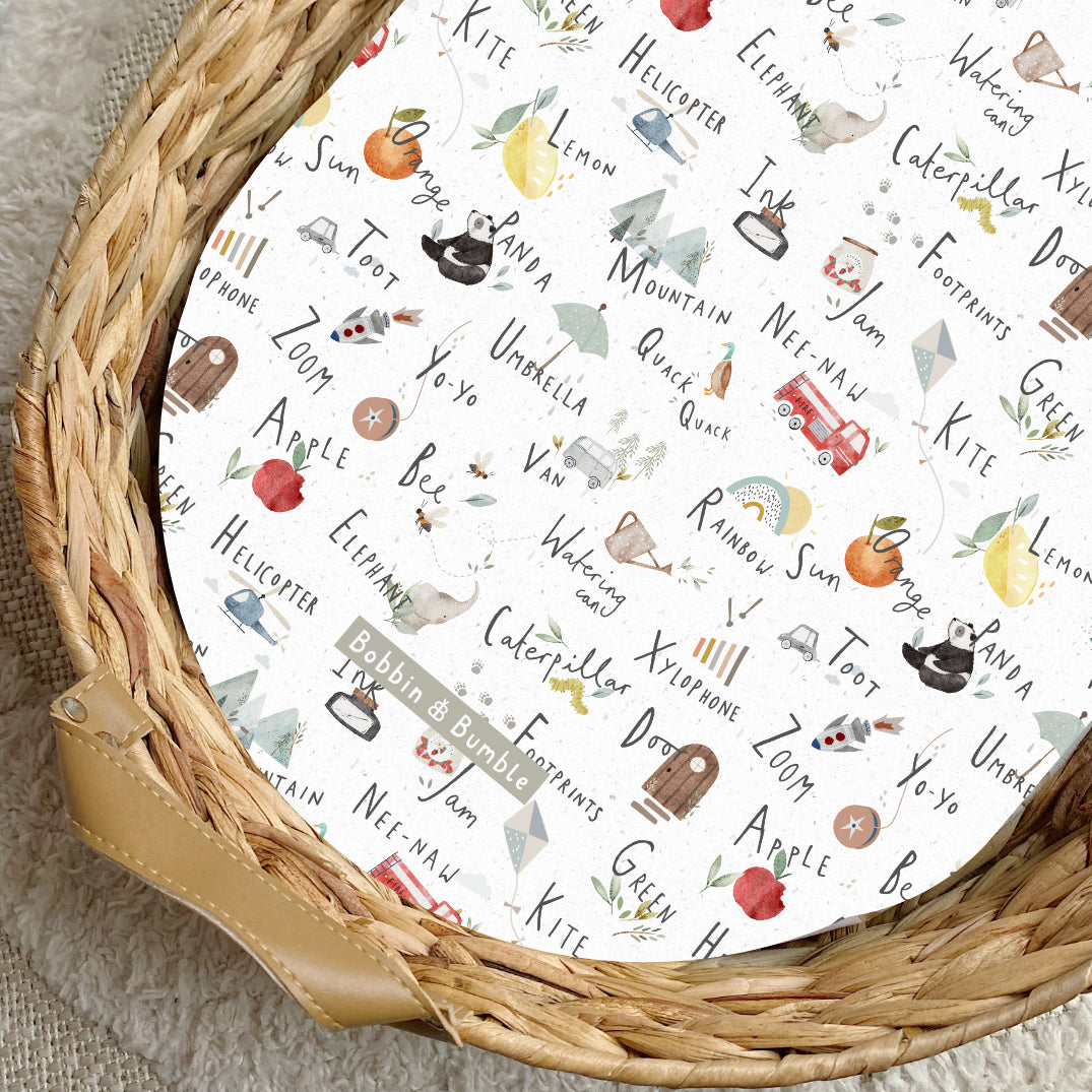 Alphabet Print PVC Changing Basket Liner | Bobbin and Bumble | Bobbin and Bumble.