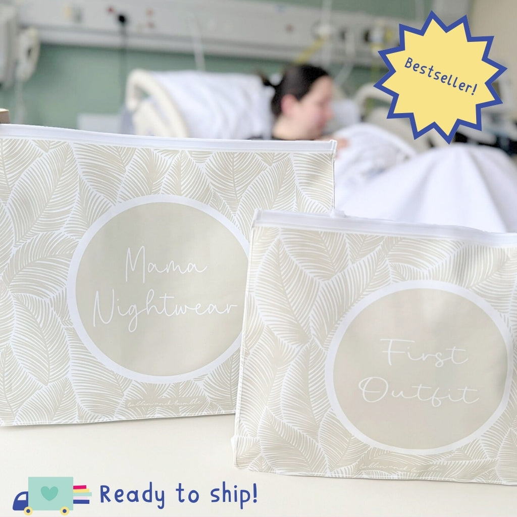 Hospital Bag Organiser Pouches | Zip Closure | Unisex Beige Leaf Print