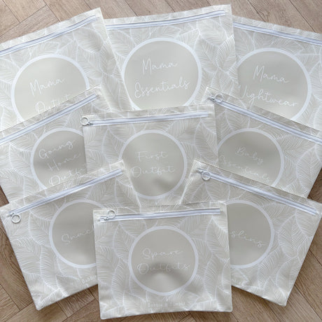 Hospital Bag Organiser Pouches | Zip Closure | Unisex Beige Leaf Print