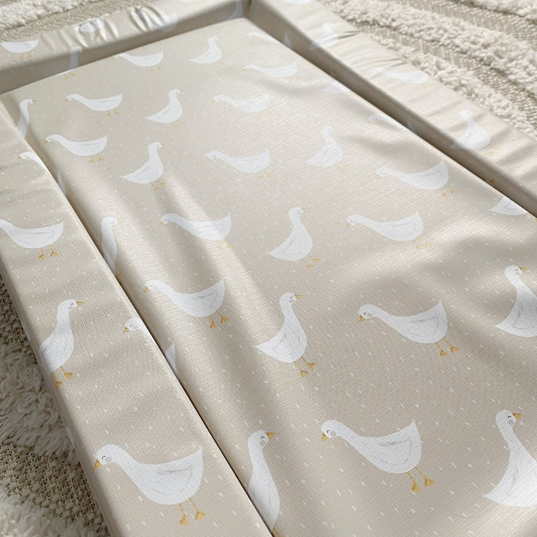 Deluxe Baby Changing Mat - White Goose Unisex Print | Bobbin and Bumble.