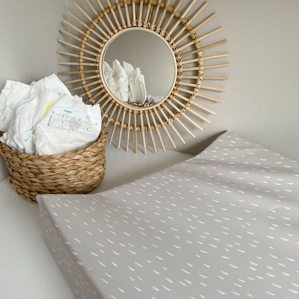 Anti-Roll Wedge Changing Mat - Greige Dash Print | Bobbin and Bumble.