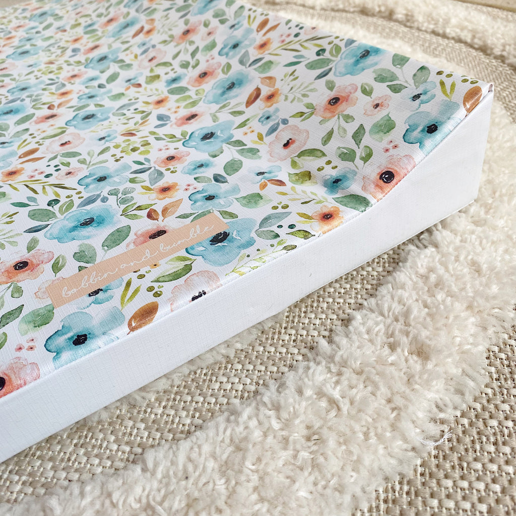 Anti-Roll Wedge Changing Mat - Blue Floral Print | Bobbin and Bumble.