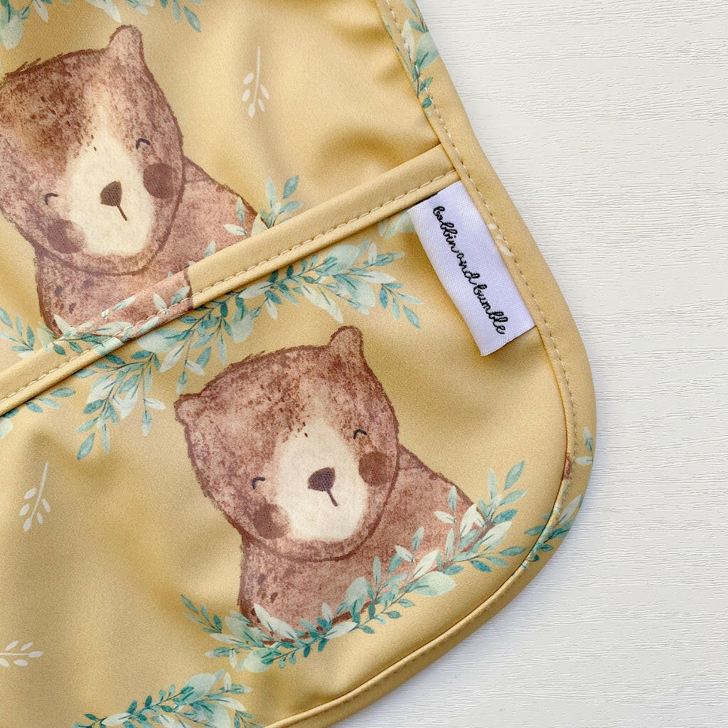 Long Sleeved Baby Bib - Mustard Brown Bear | Bobbin and Bumble.