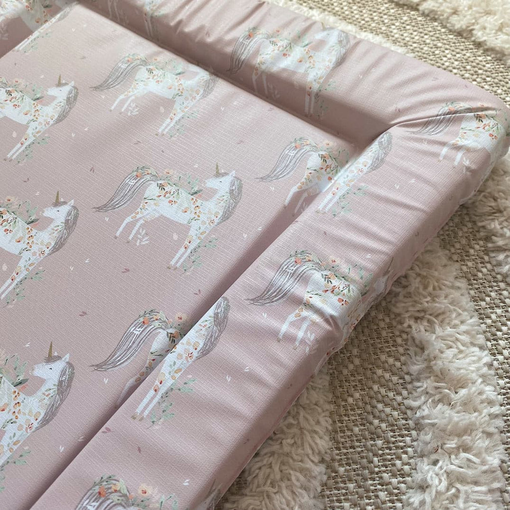 Deluxe Baby Changing Mat - Pink Floral Unicorns Print | Bobbin and Bumble.