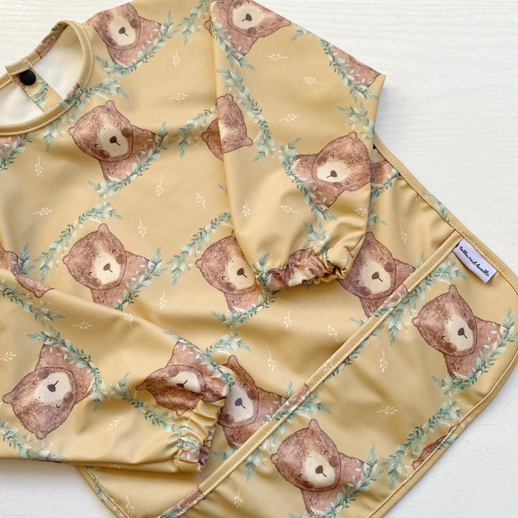 Long Sleeved Baby Bib - Mustard Brown Bear | Bobbin and Bumble.