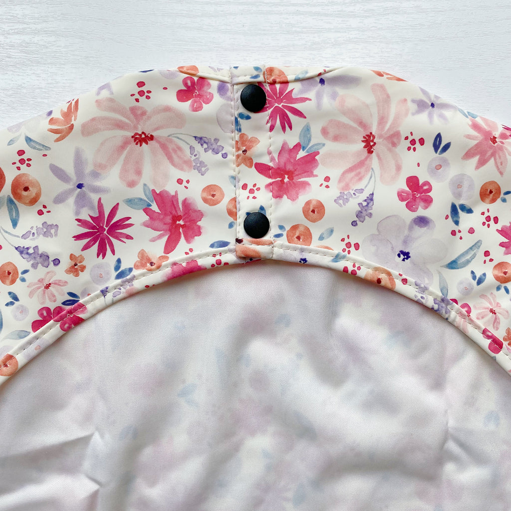 Long Sleeved Baby Bib - Pink Floral Print | Bobbin and Bumble.