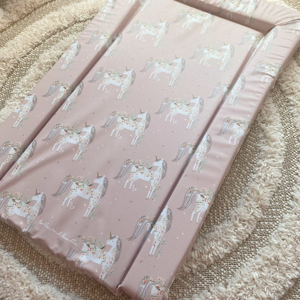 Deluxe Baby Changing Mat - Pink Floral Unicorns Print | Bobbin and Bumble.