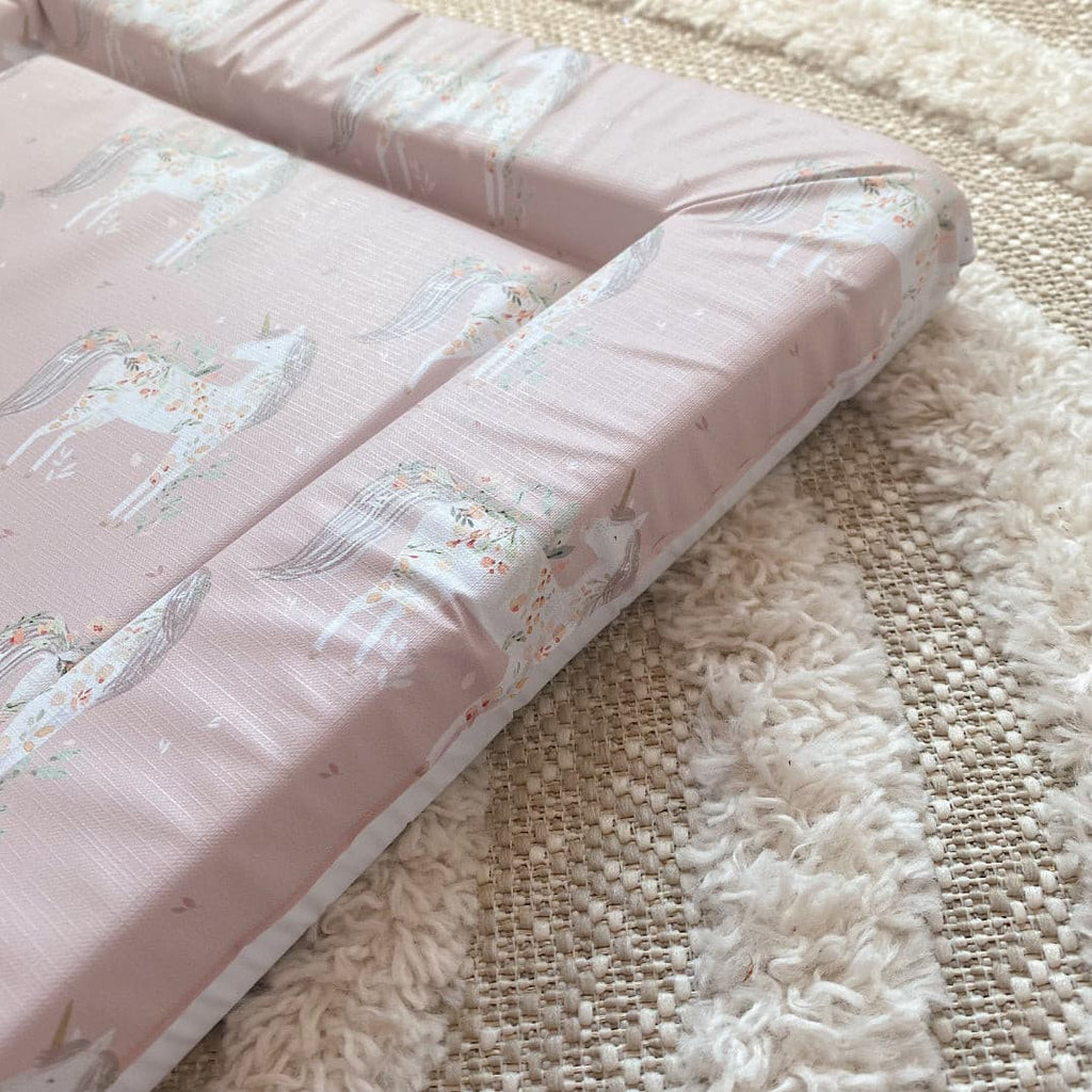 Deluxe Baby Changing Mat - Pink Floral Unicorns Print | Bobbin and Bumble.