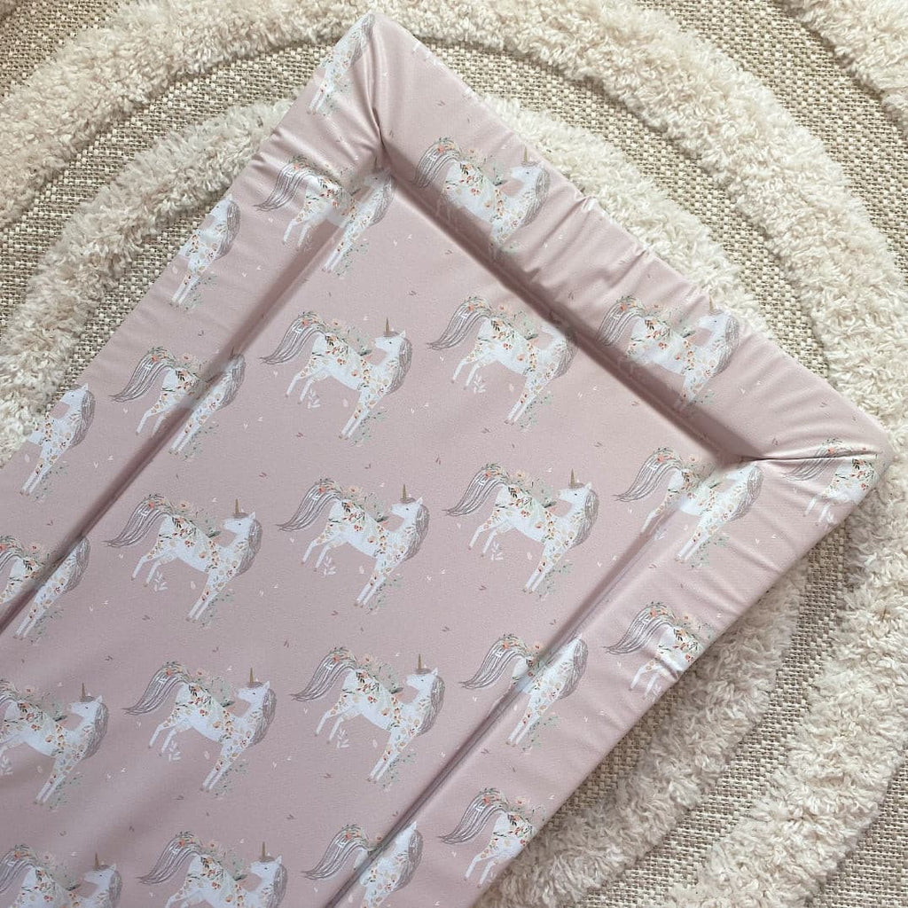 Deluxe Baby Changing Mat - Pink Floral Unicorns Print | Bobbin and Bumble.