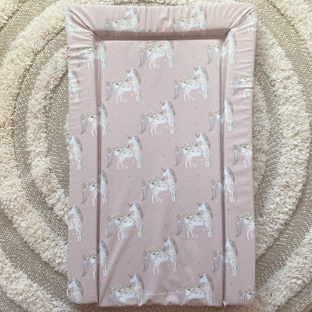 Deluxe Baby Changing Mat - Pink Floral Unicorns Print | Bobbin and Bumble.