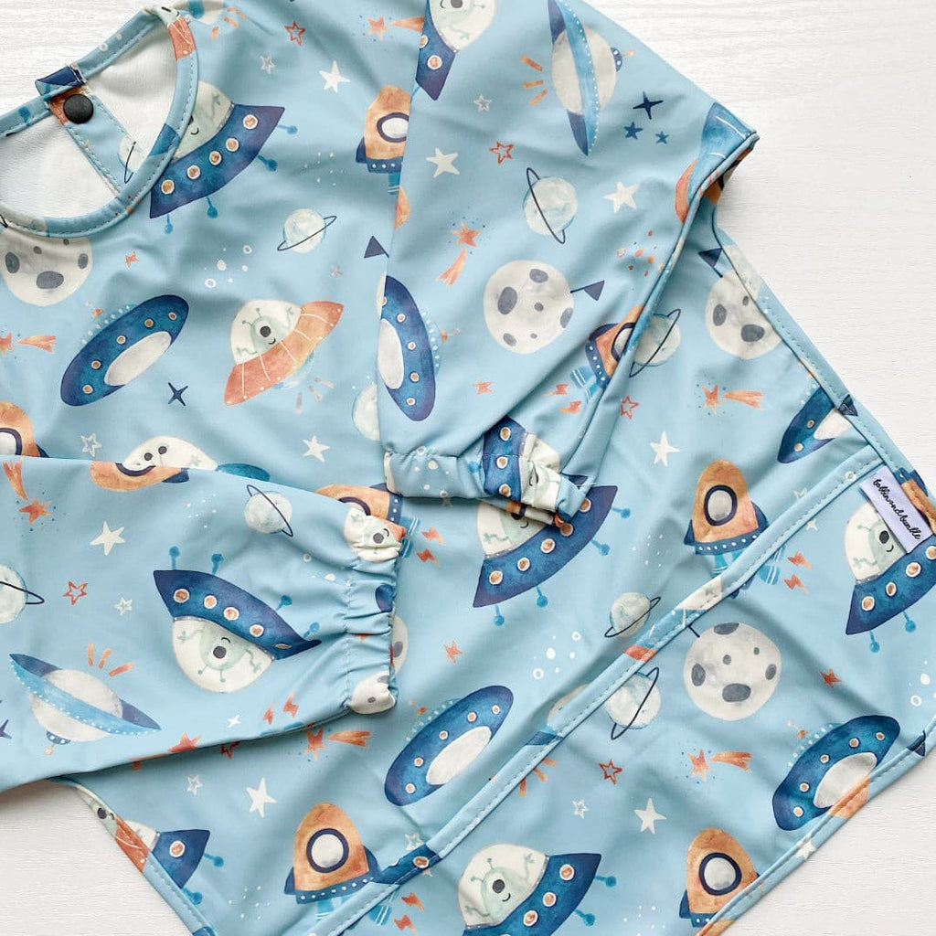 Long Sleeved Baby Bib - Space Ship Print | Bobbin and Bumble.