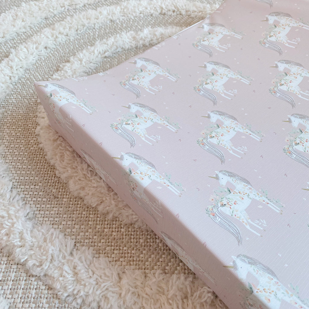 Anti-Roll Wedge Changing Mat - Pink Floral Unicorns Print | Bobbin and Bumble.