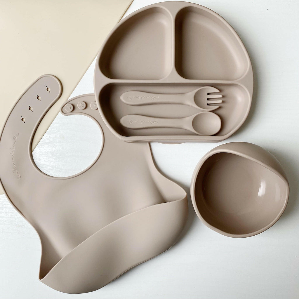 Taupe Silicone Suction Weaning Set | Bobbin and Bumble.