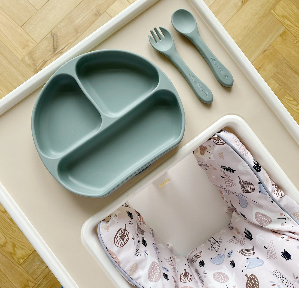 Sage Green Silicone Suction Baby Weaning Set | Bobbin and Bumble.
