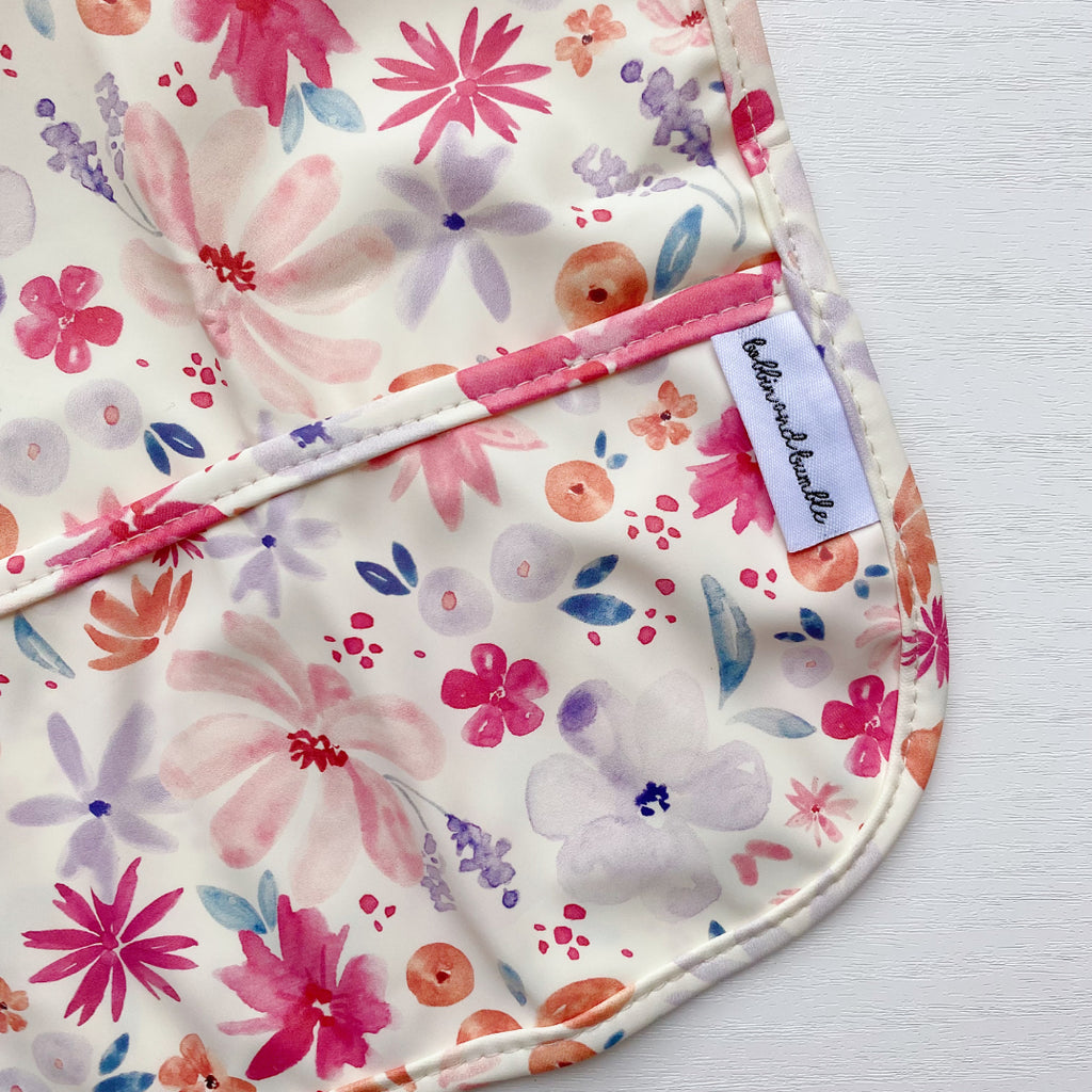 Long Sleeved Baby Bib - Pink Floral Print | Bobbin and Bumble.