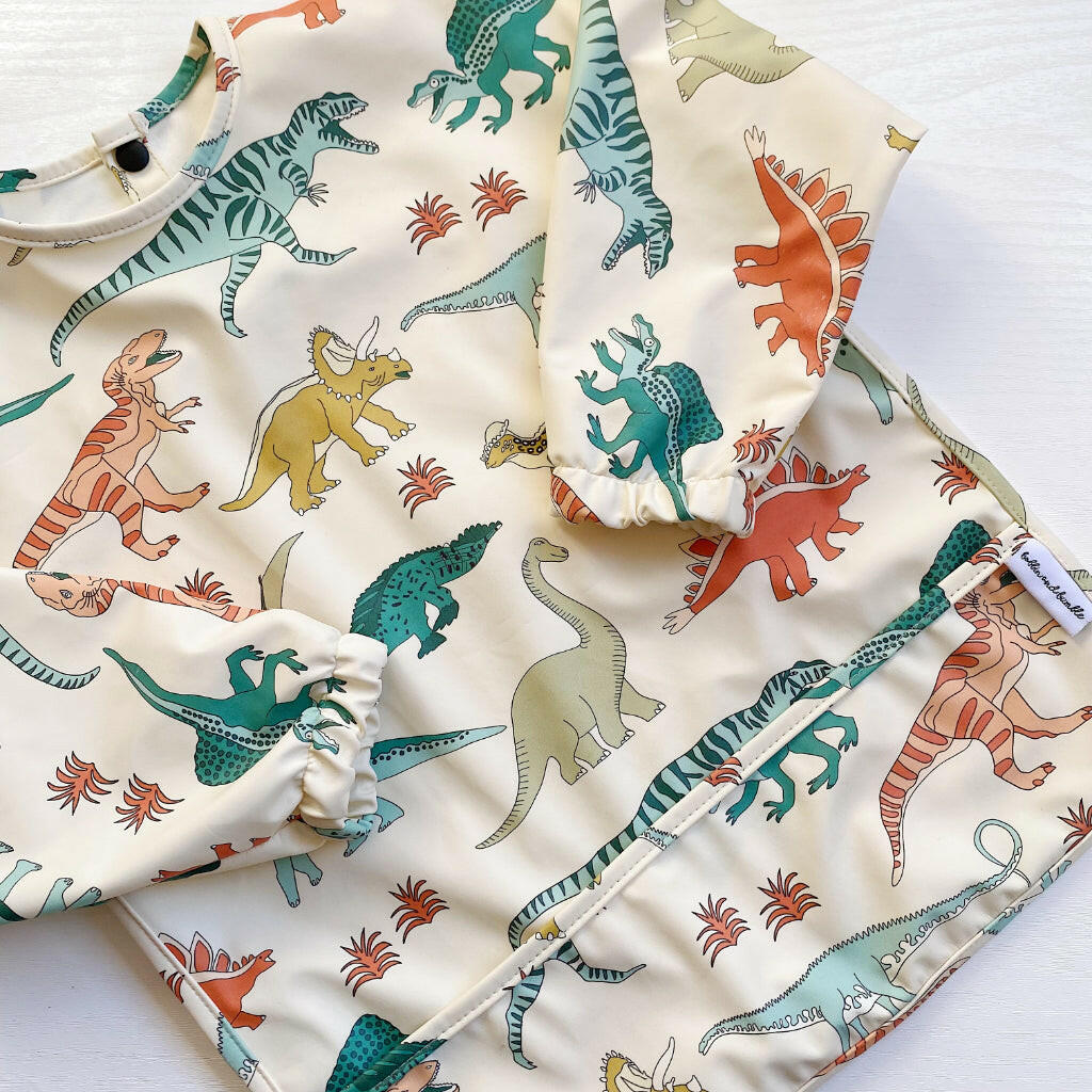 Long Sleeved Baby Bib - Dinosaur print | Bobbin and Bumble.