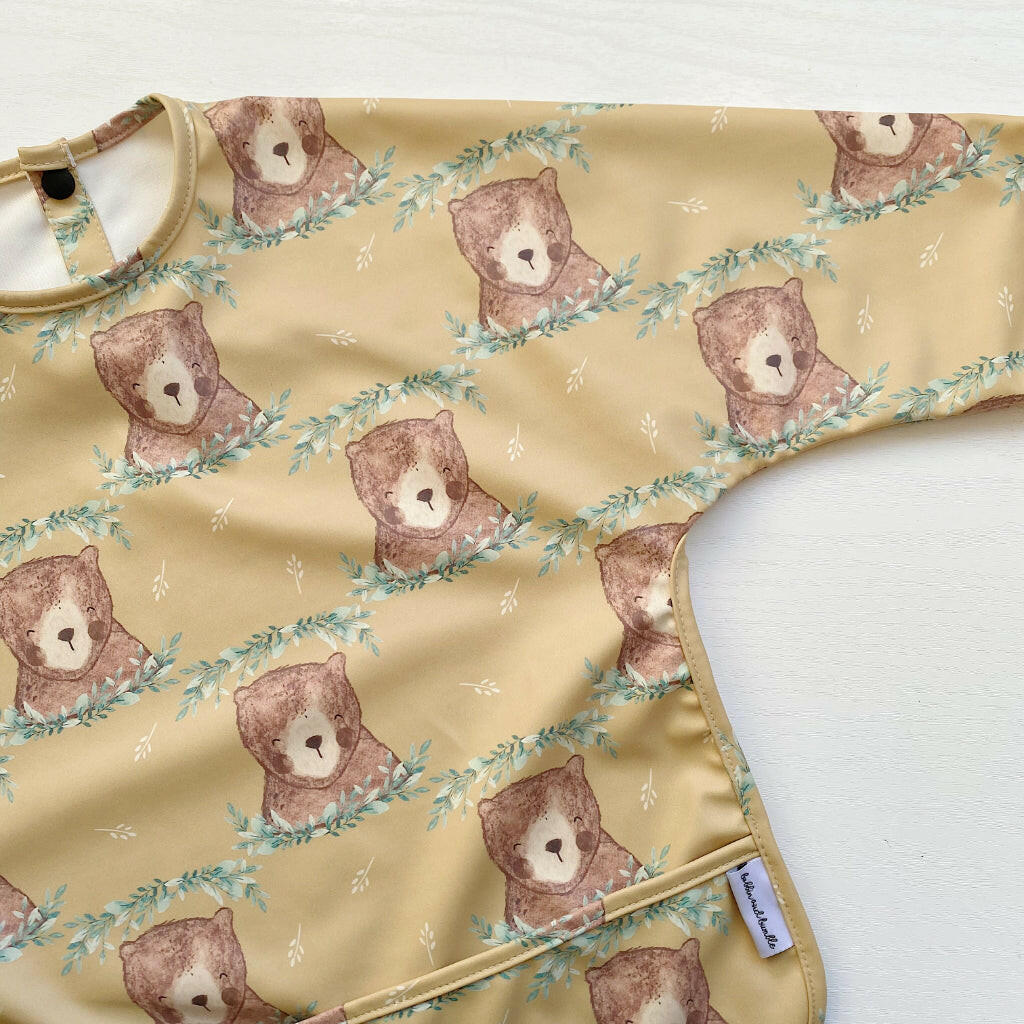 Long Sleeved Baby Bib - Mustard Brown Bear | Bobbin and Bumble.