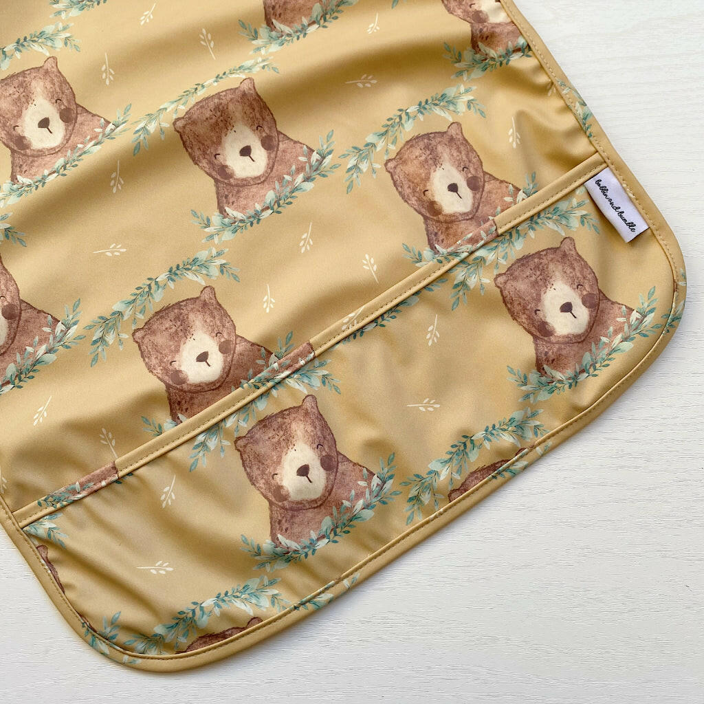 Long Sleeved Baby Bib - Mustard Brown Bear | Bobbin and Bumble.