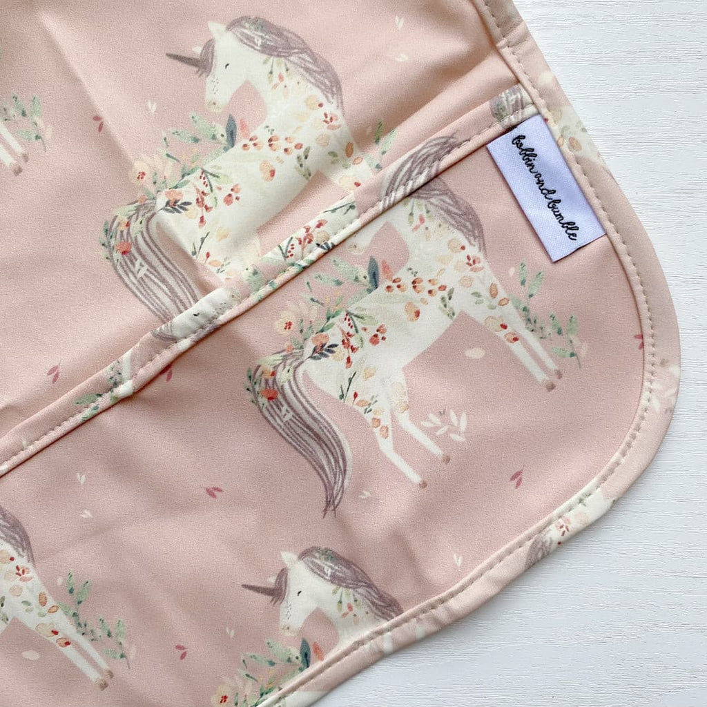 Long Sleeved Baby Bib - Pink Unicorn Print | Bobbin and Bumble.