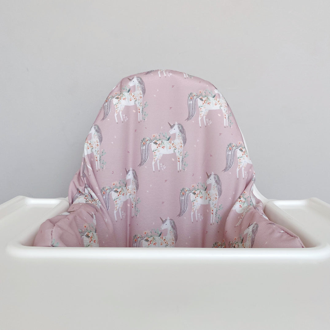 IKEA Highchair Cushion Cover - Pink Floral Unicorns Print | Bobbin and Bumble.