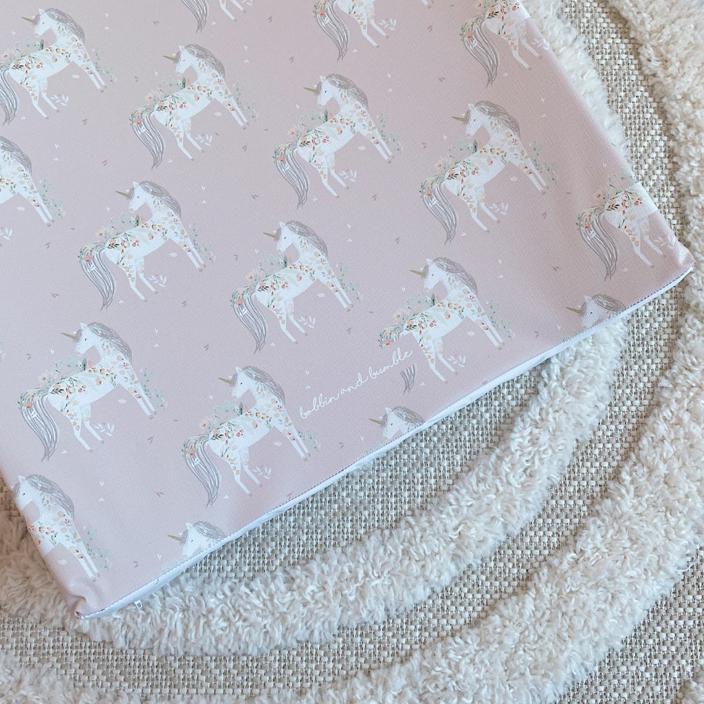 Anti-Roll Wedge Changing Mat - Pink Floral Unicorns Print | Bobbin and Bumble.
