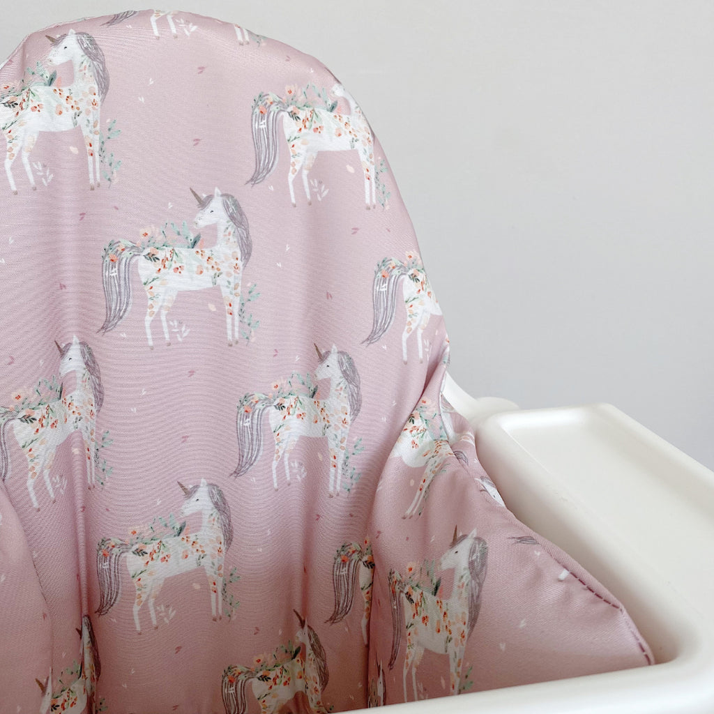 IKEA Highchair Cushion Cover - Pink Floral Unicorns Print | Bobbin and Bumble.