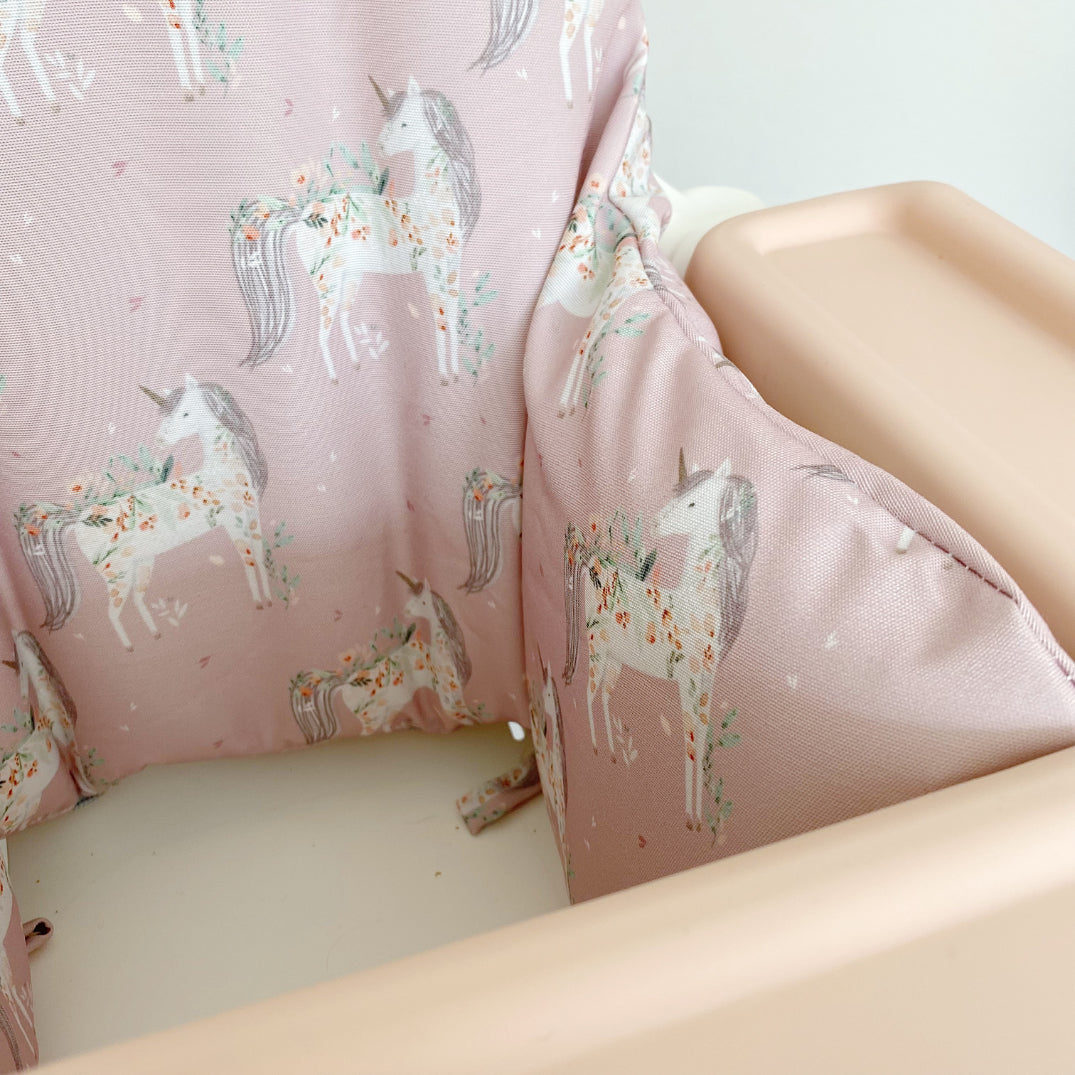 IKEA Highchair Cushion Cover - Pink Floral Unicorns Print | Bobbin and Bumble.