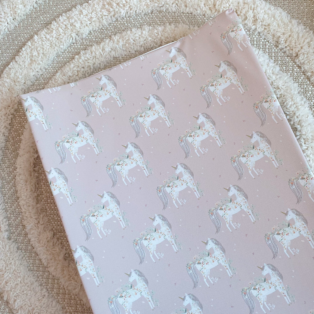 Anti-Roll Wedge Changing Mat - Pink Floral Unicorns Print | Bobbin and Bumble.