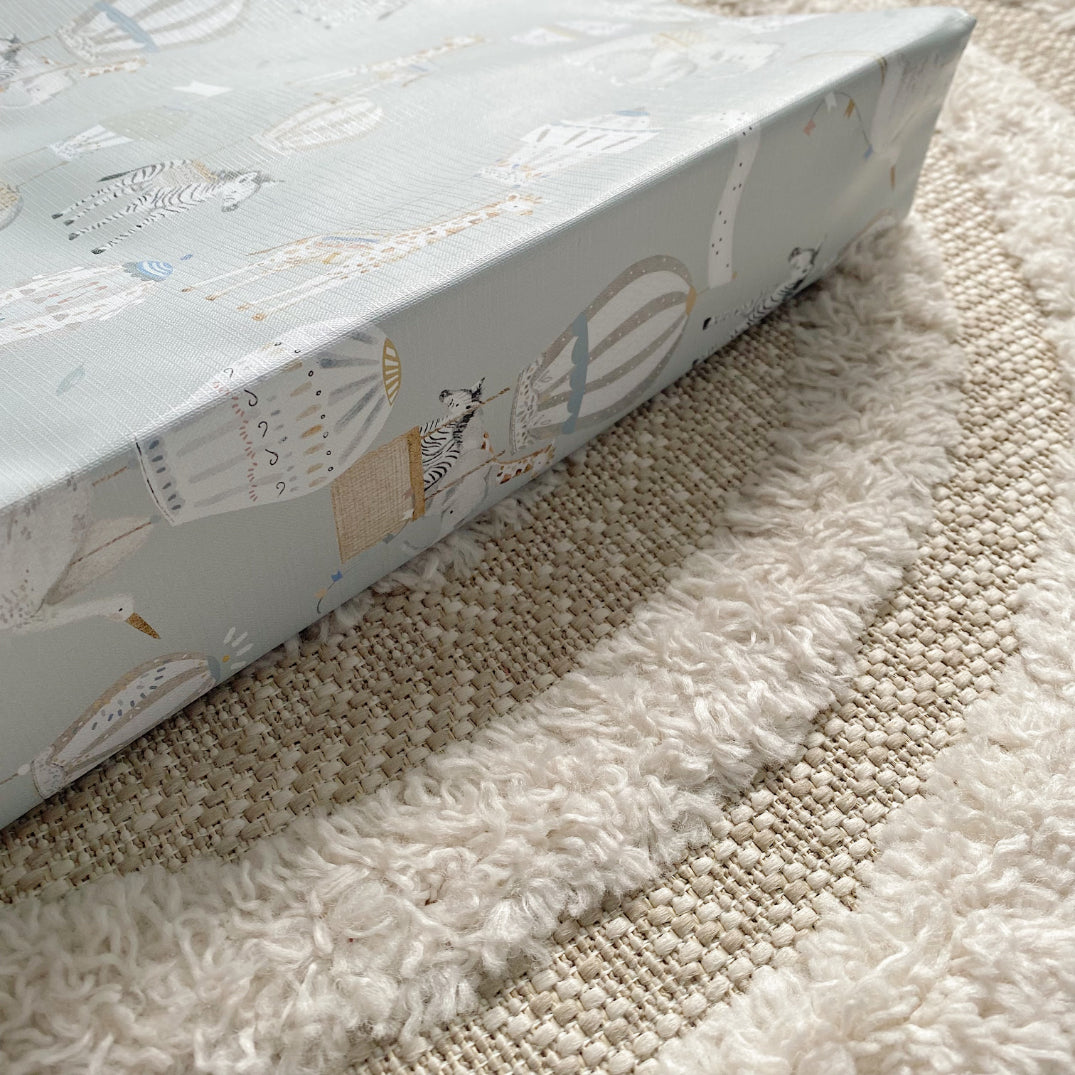 Anti-Roll Wedge Baby Changing Mat - Blue Hot Air Balloons Print | Bobbin and Bumble.