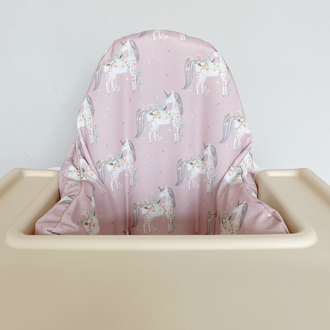IKEA Highchair Cushion Cover - Pink Floral Unicorns Print | Bobbin and Bumble.
