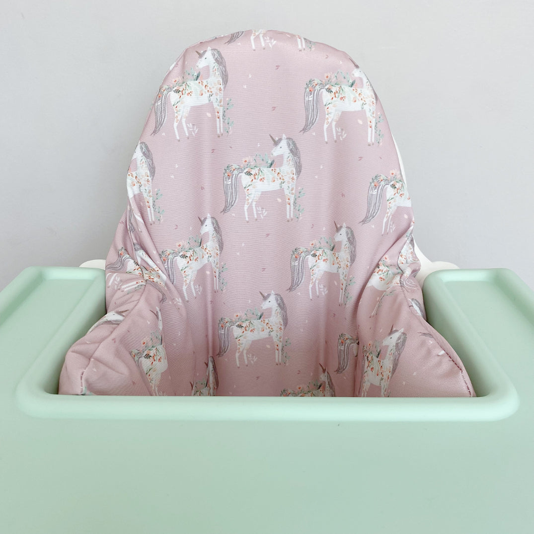 IKEA Highchair Cushion Cover - Pink Floral Unicorns Print | Bobbin and Bumble.