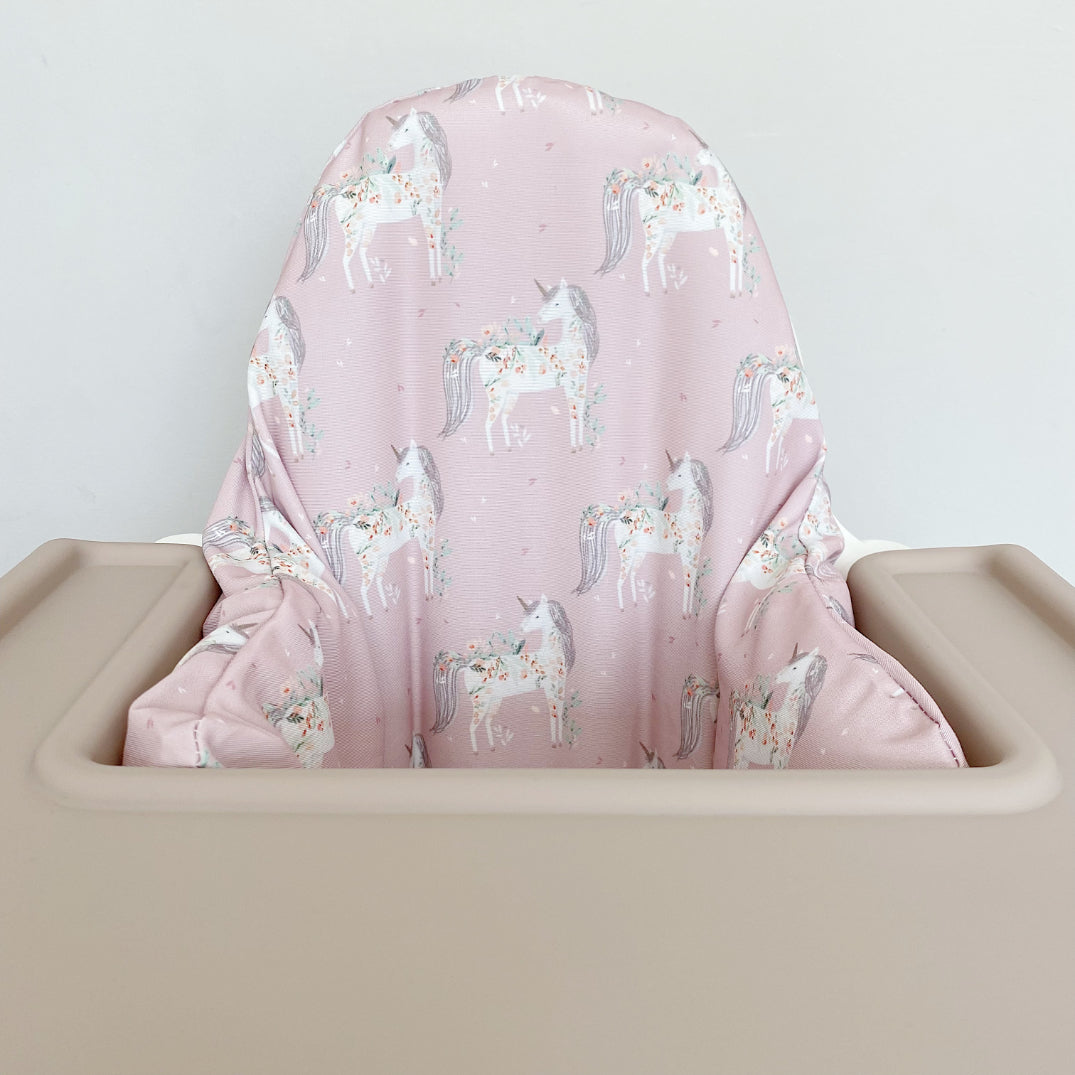 IKEA Highchair Cushion Cover - Pink Floral Unicorns Print | Bobbin and Bumble.