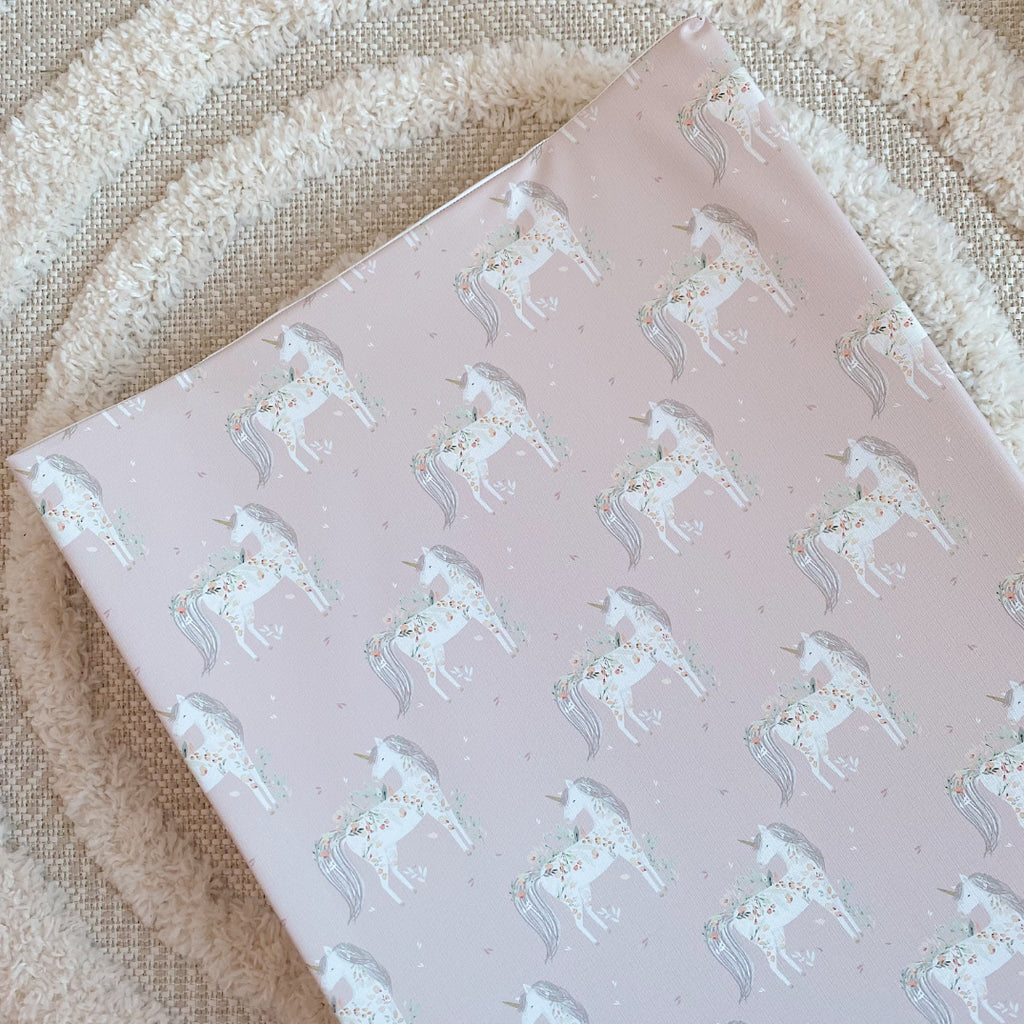 Anti-Roll Wedge Changing Mat - Pink Floral Unicorns Print | Bobbin and Bumble.