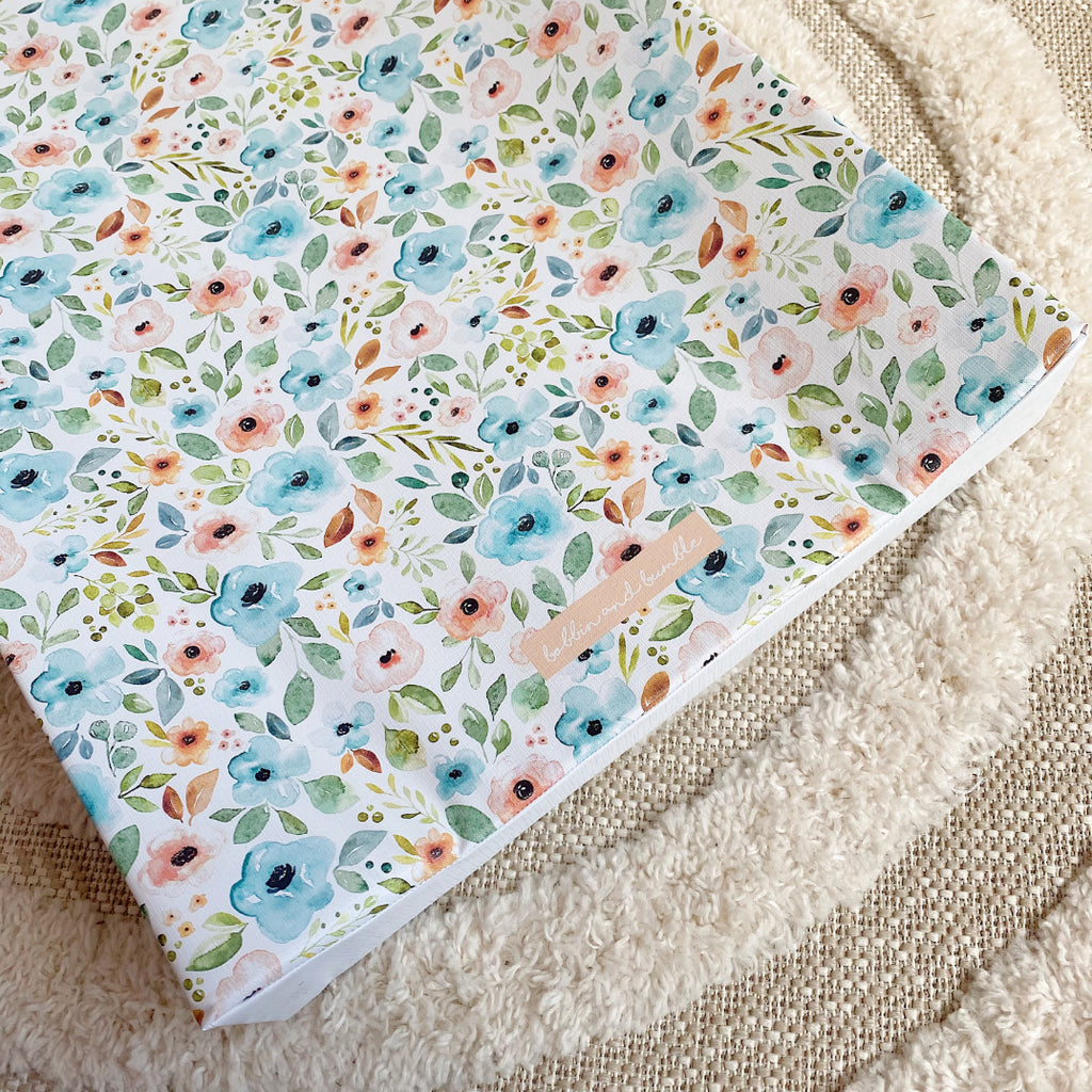 Anti-Roll Wedge Changing Mat - Blue Floral Print | Bobbin and Bumble.