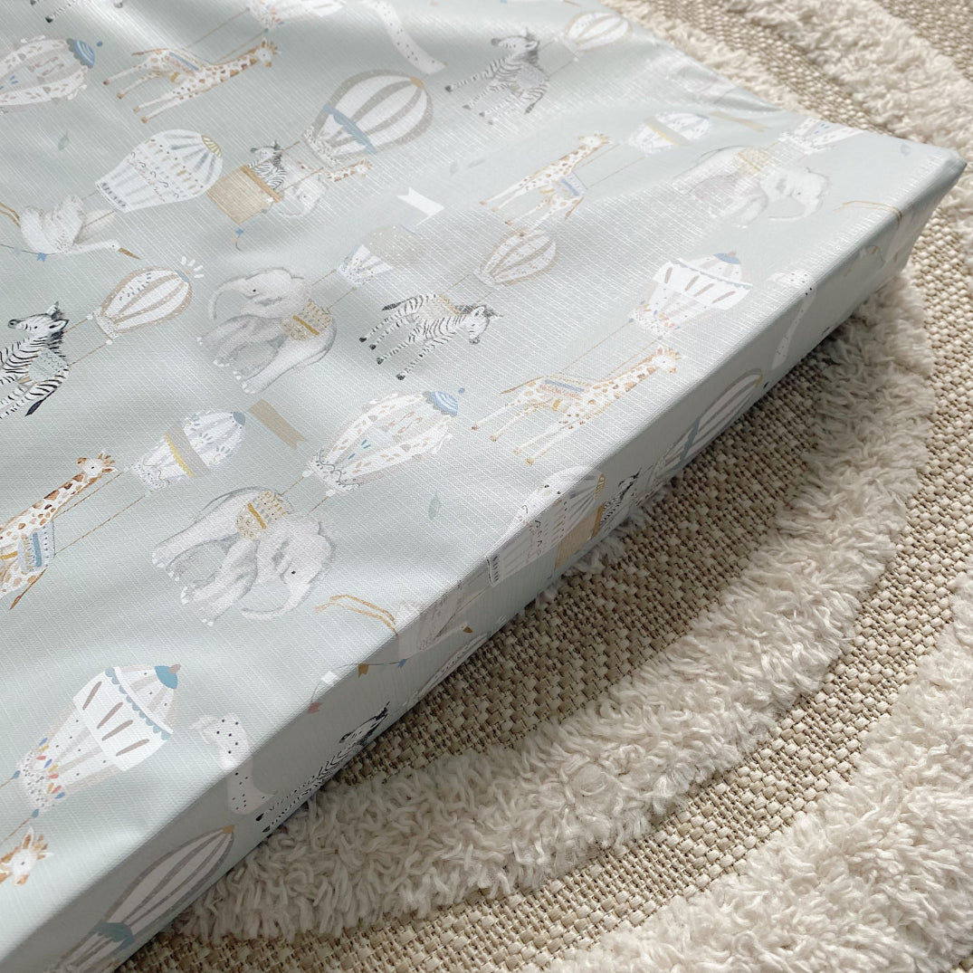 Anti-Roll Wedge Baby Changing Mat - Blue Hot Air Balloons Print | Bobbin and Bumble.